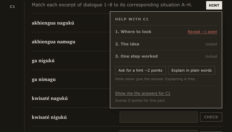 A help panel open over a Kogi matching question, listing three hints. The first offers to reveal for one point, the other two are locked, and a line below says hints never give the answer.