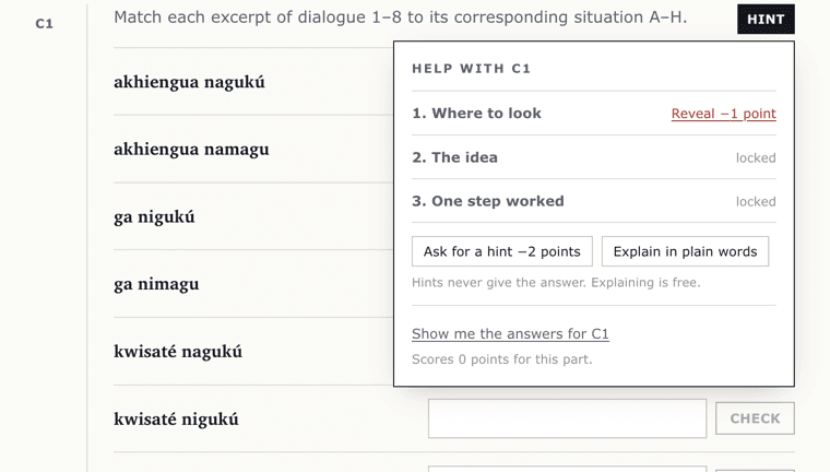 A help panel open over a Kogi matching question, listing three hints. The first offers to reveal for one point, the other two are locked, and a line below says hints never give the answer.