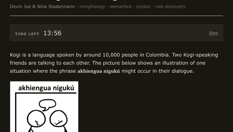 A timer at the top of a problem reading thirteen minutes fifty-six seconds left, with a Stop link beside it and the problem text below.