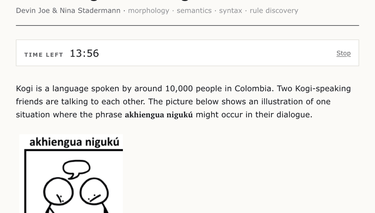 A timer at the top of a problem reading thirteen minutes fifty-six seconds left, with a Stop link beside it and the problem text below.