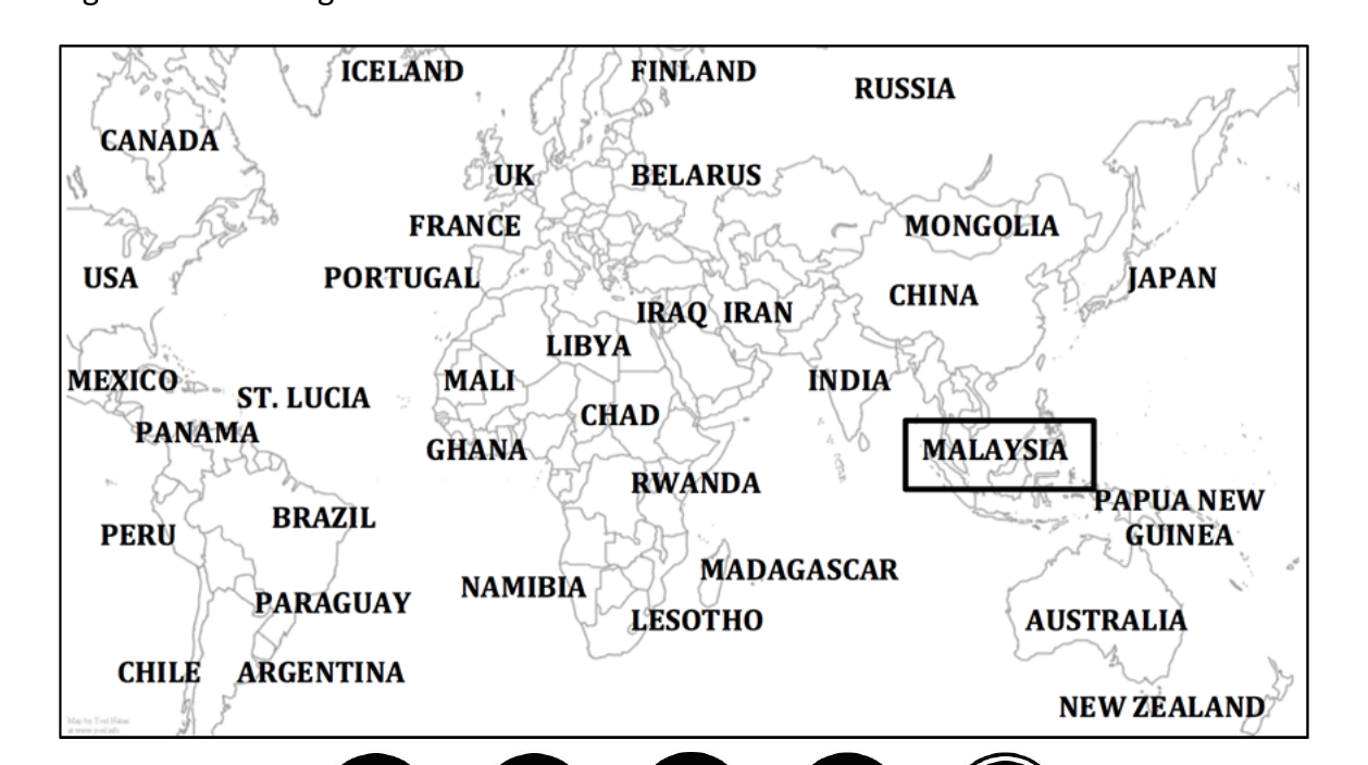 World map with country labels; Malaysia is boxed in Southeast Asia