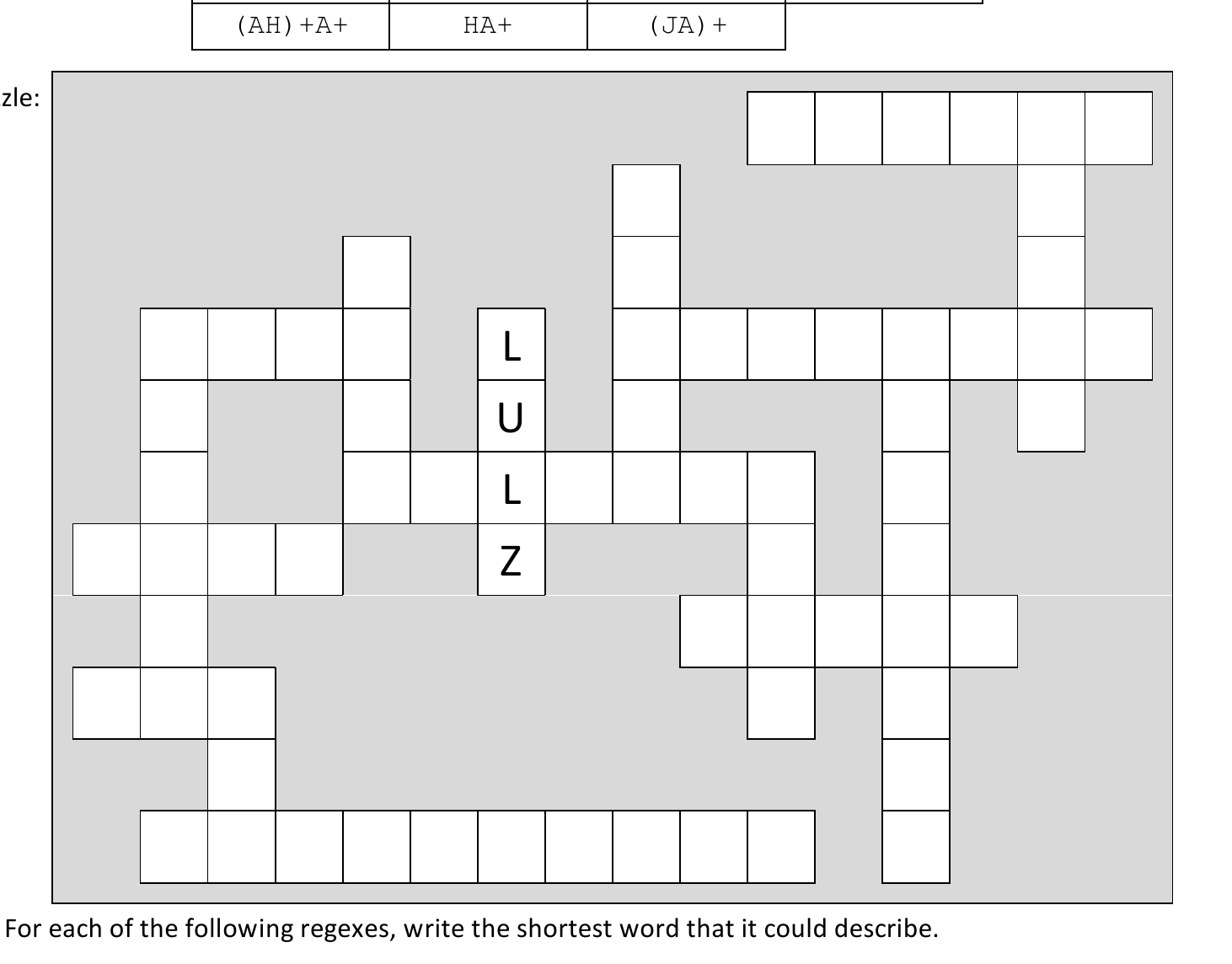 Empty crossword grid with the answer LULZ already entered vertically near the middle