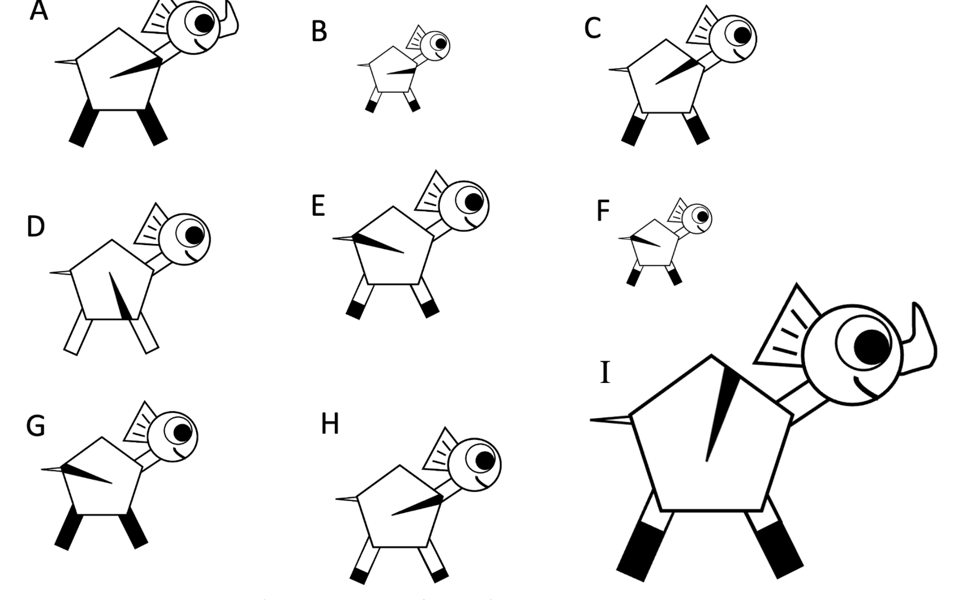 Nine cartoon Martian animals labeled A through I. Each has a pentagon-shaped body with a stripe across it, a round head, four legs, and some have a horn. They differ in overall size, presence of a horn, the direction the body stripe points, and how darkly the legs are shaded.