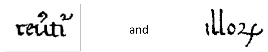 Two handwritten medieval abbreviations: 'reuti' with a small hook above the u and a wavy mark at the end, standing for revertitur; and 'illo' followed by a crossed r-rotunda, standing for illorum