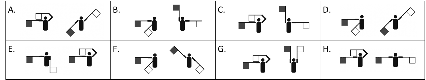 Grid of eight lettered semaphore options A through H, arranged in two rows (A-D on top, E-H below). Each option shows two flag-semaphore figures side by side.