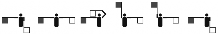 Five flag-semaphore figures spelling komoro