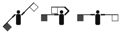 Three flag-semaphore figures spelling nomi