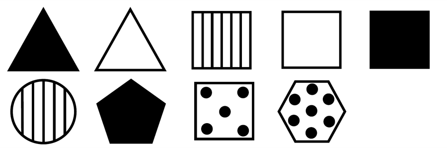 Nine cards in two rows. Top row: filled triangle, unfilled triangle, striped square, unfilled square, filled square. Bottom row: striped circle, filled pentagon, spotted square, spotted hexagon