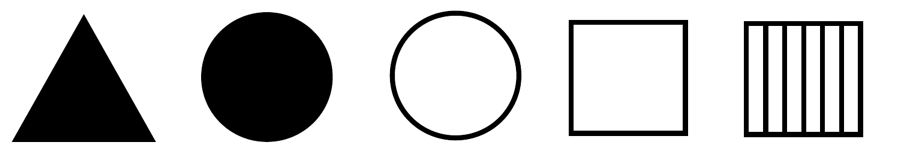 Five cards in a row: a filled triangle, a filled circle, an unfilled circle, an unfilled square, and a striped square