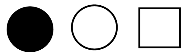 Three cards: a filled (solid black) circle, an unfilled circle, and an unfilled square