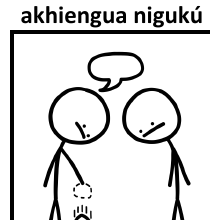 Two stick figures face each other. The left one has a speech bubble; a small mark near the right figure's feet suggests something on the ground.